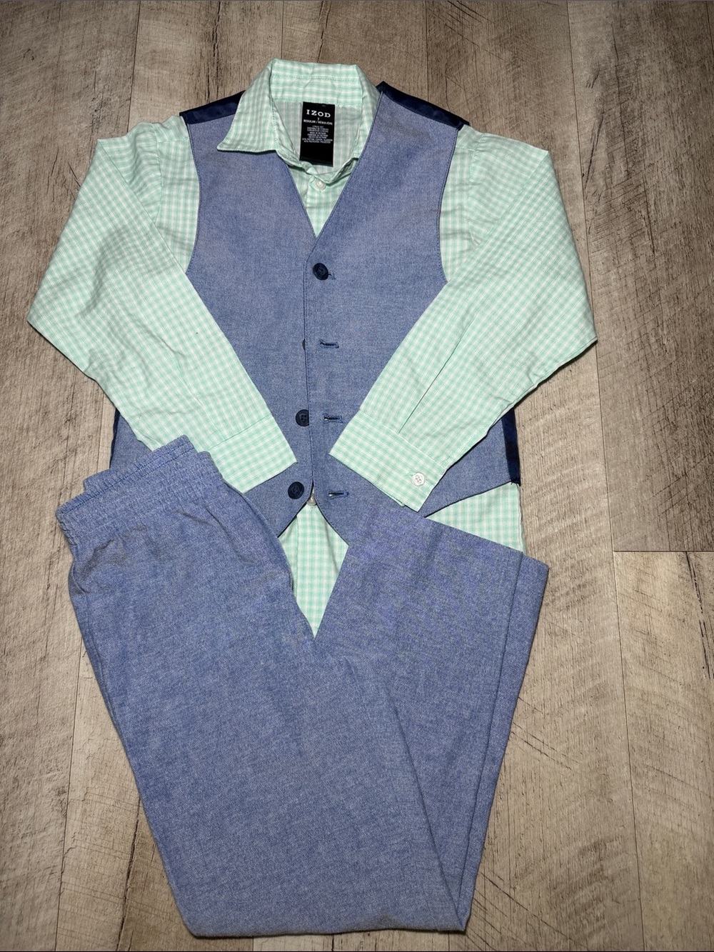 Izod Blue Vest & Pants with Mint Green Check Shirt Set Size 7 boys